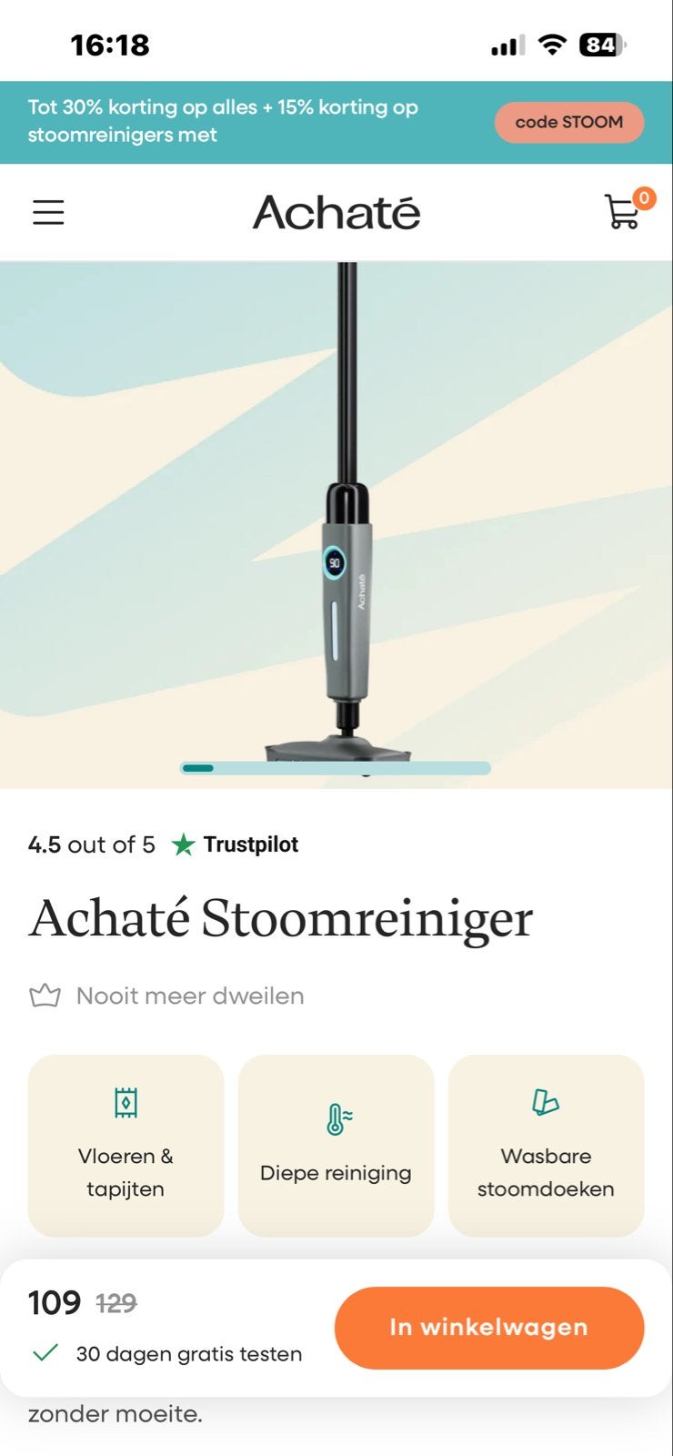Achaté Stoomreiniger - Z.g.a.n. voor gladde vloeren en tapij, Witgoed en Apparatuur, Stoomapparaten, Ophalen, Zo goed als nieuw