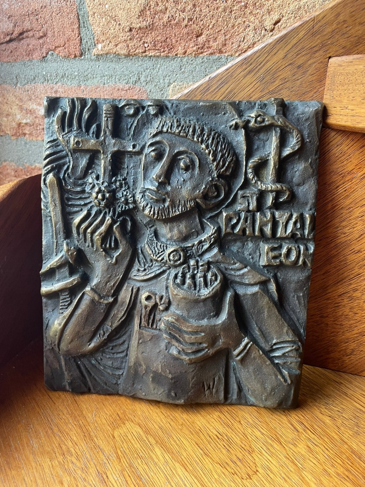 Christelijke Brozen brons kunst plaquette reliëf Pantaleon, Ophalen of Verzenden