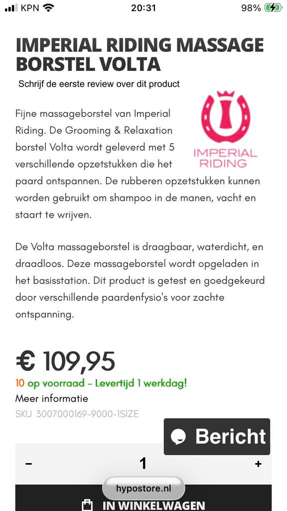 IMPERIAL RIDING MASSAGE BORSTEL VOLTA, Ophalen of Verzenden, Zo goed als nieuw, Overige soorten