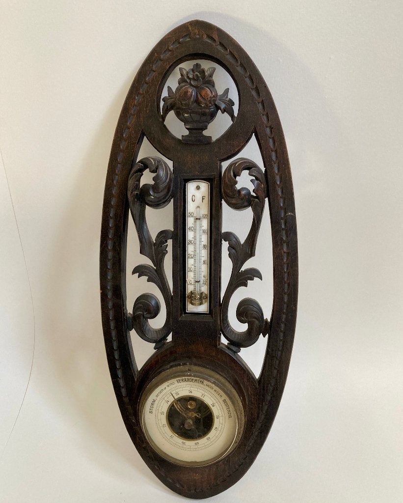 2679 - Antieke houten wandbarometer met thermometer, Ophalen of Verzenden, Gebruikt, Weerstation