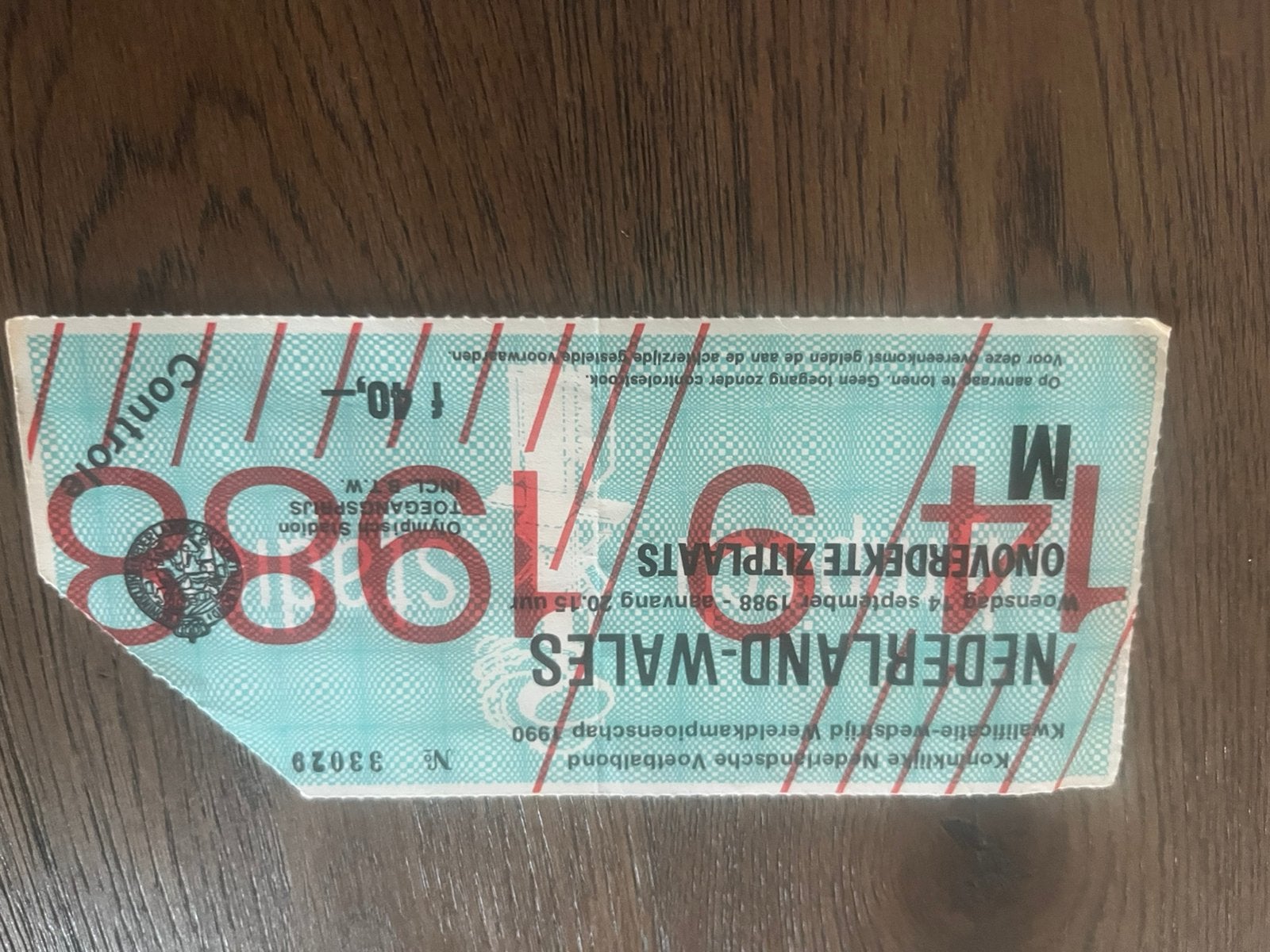 TICKET NEDERLAND-WALES 1988, Ophalen of Verzenden, Gebruikt, Overige binnenlandse clubs, Overige typen