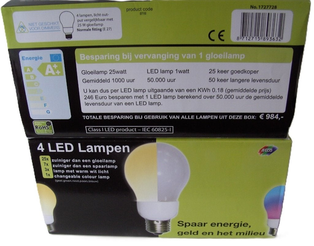 LED LAMP 4 st. LAMPEN PER DOOS ENERGIE ZUINIG, Led-lamp, Meerkleurig, -, -