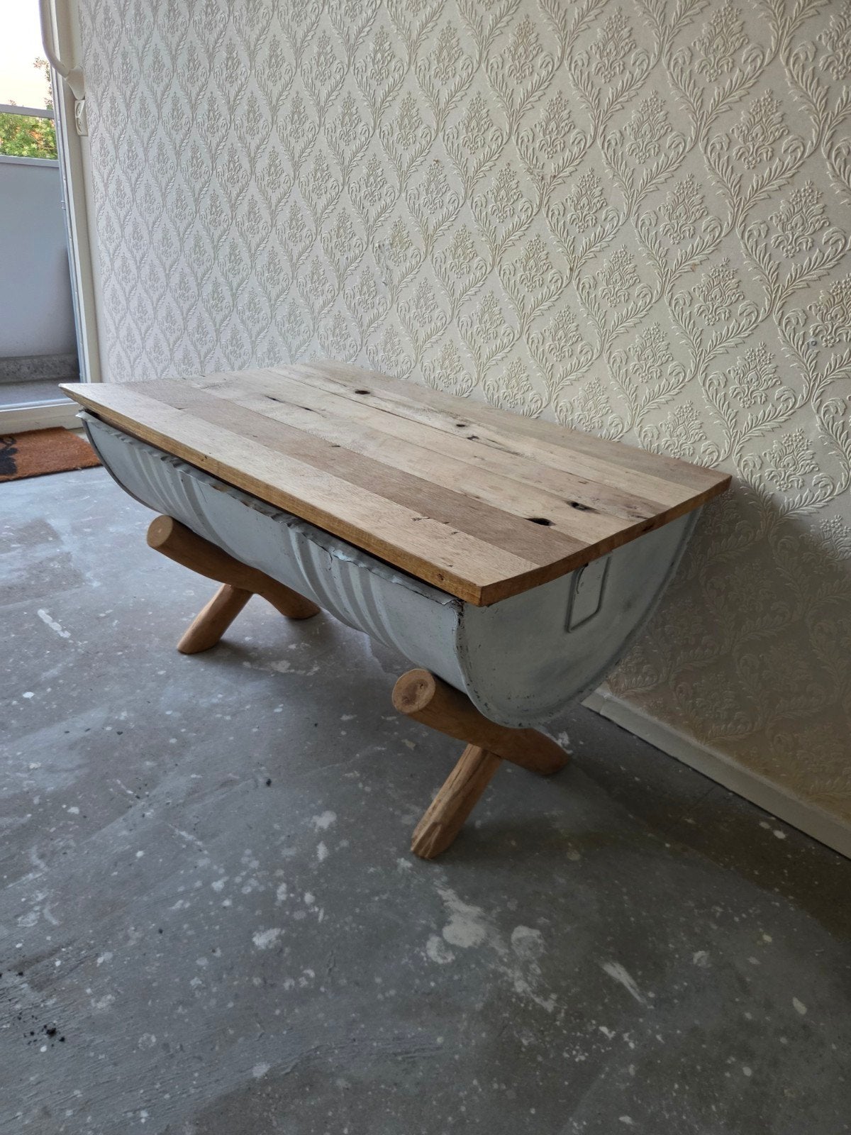 Unieke salontafel van olievat en hout, 50 – 75, Gebruikt, 100 tot 150 cm, Rechthoekig