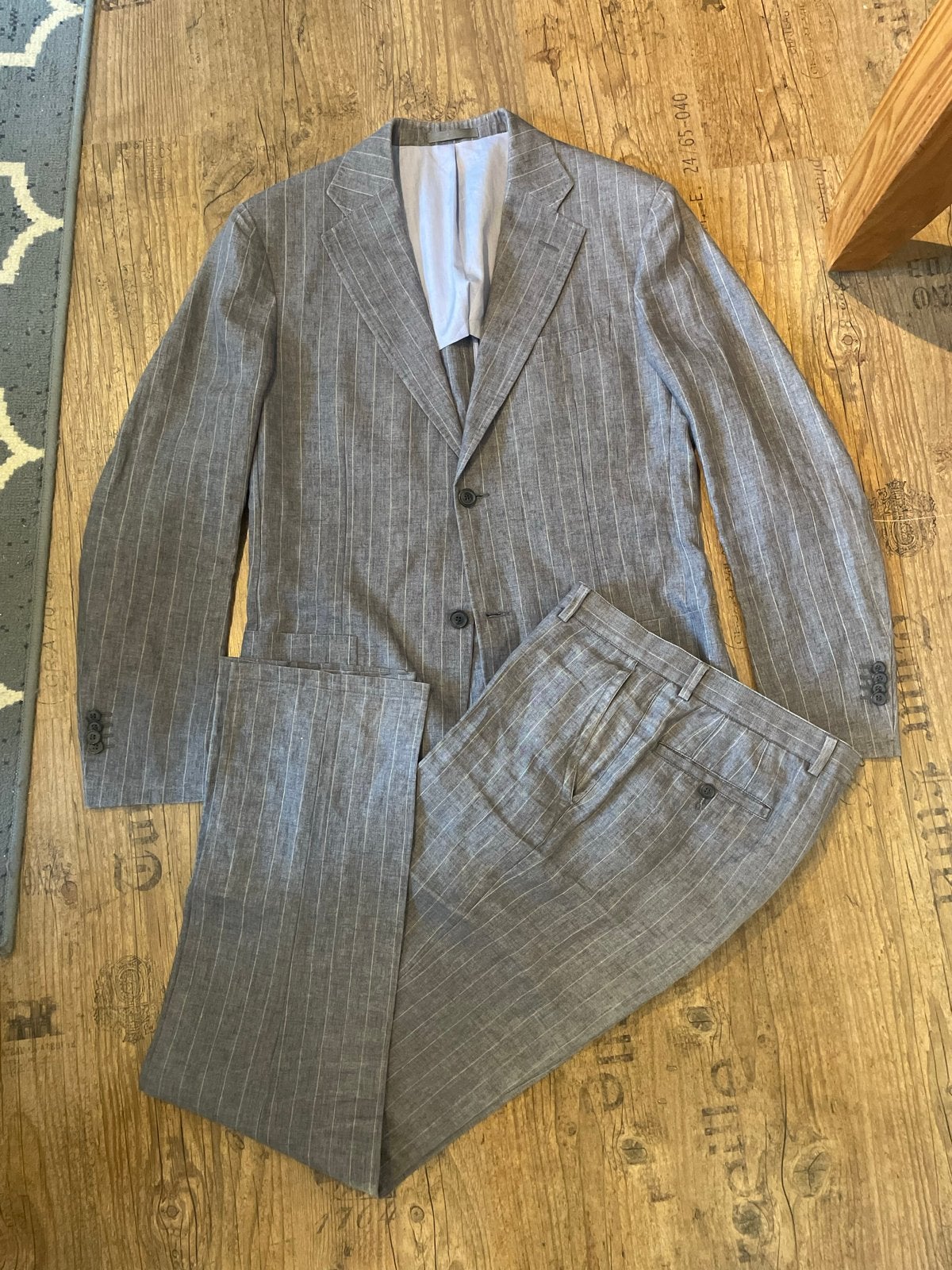 Suitsupply 100% Linnen Pak Maat 50 Beige Krijtstreep, Kleding | Heren, Kostuums en Colberts, Ophalen of Verzenden, Gedragen, Maat 48/50 (M)