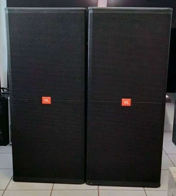 2x JBL SRX725 speakers (2x 15” midlaag + 4” hoog), Ophalen, Gebruikt, Audio