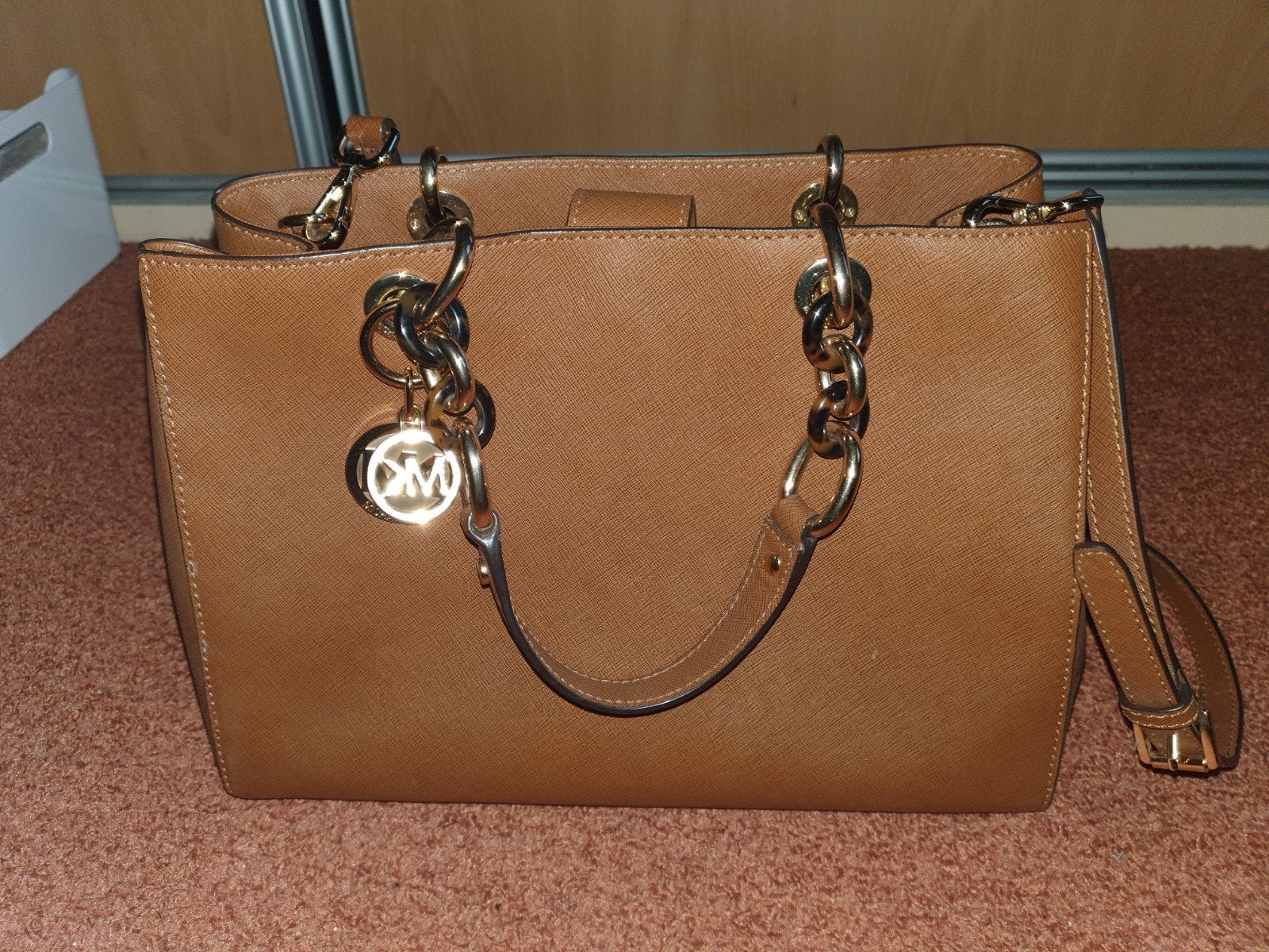 MICHAEL KORS handtas, bruin saffianoleder, gouden accenten, Ophalen of Verzenden, Zo goed als nieuw, Bruin, Handtas