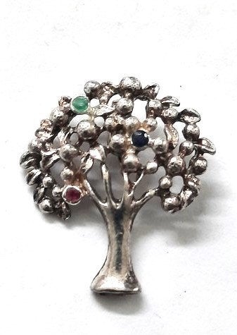 Verzilverd hangertje Levensboom met gekleurde steentjes, Ophalen of Verzenden, Zo goed als nieuw, Zilver, Overige materialen