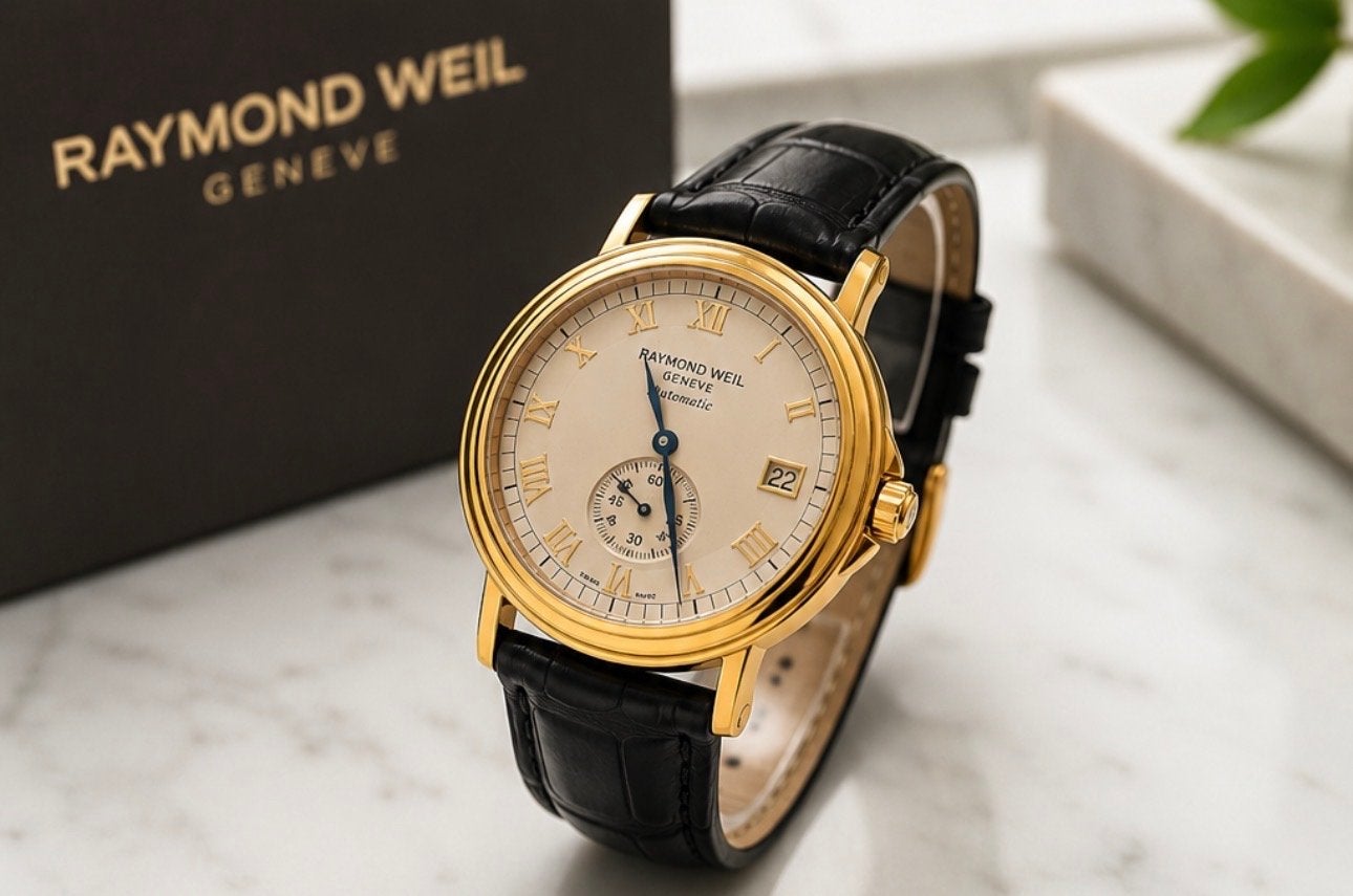 Raymond Weil Geneve Automatic Horloge - Goud met Leer, Overige merken, Leer, Polshorloge, Ophalen of Verzenden
