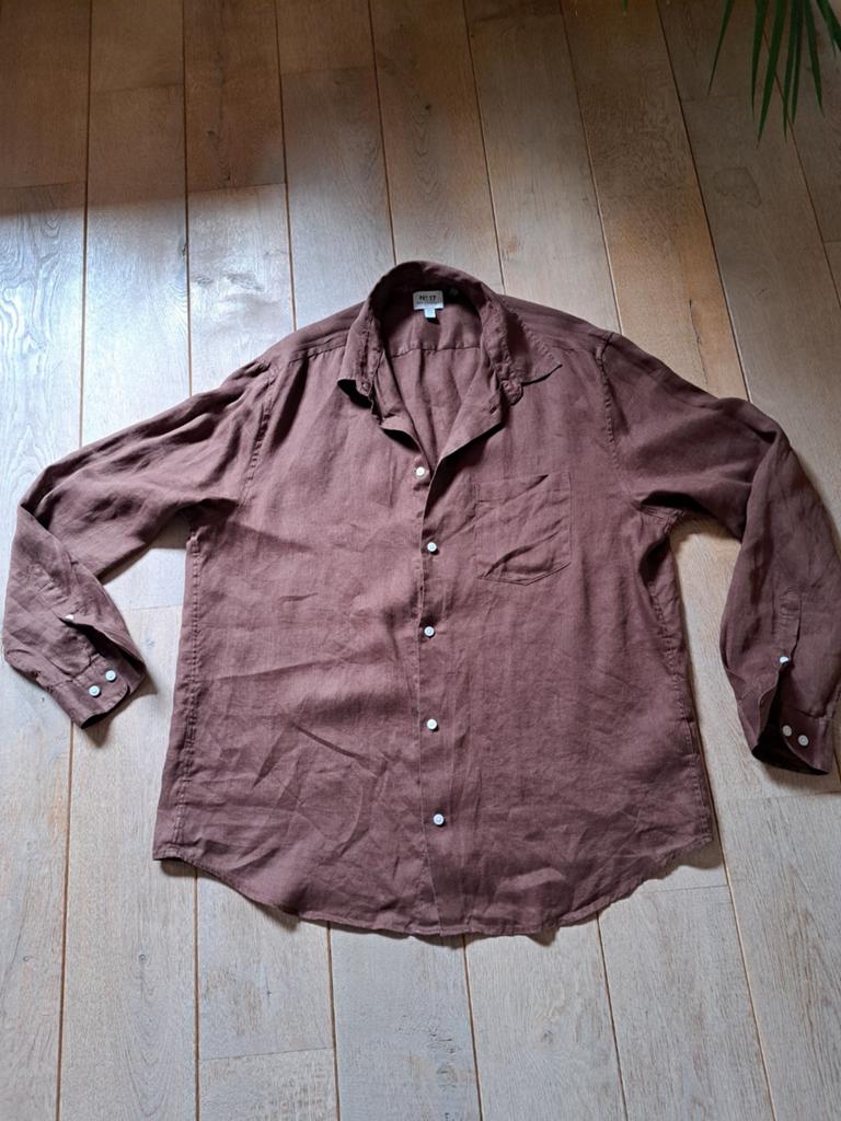 Nieuwe donkerbruine linnen herenblouse - XL (valt ruim,€22,=, Bruin, Nieuw, Ophalen of Verzenden, Halswijdte 43/44 (XL)