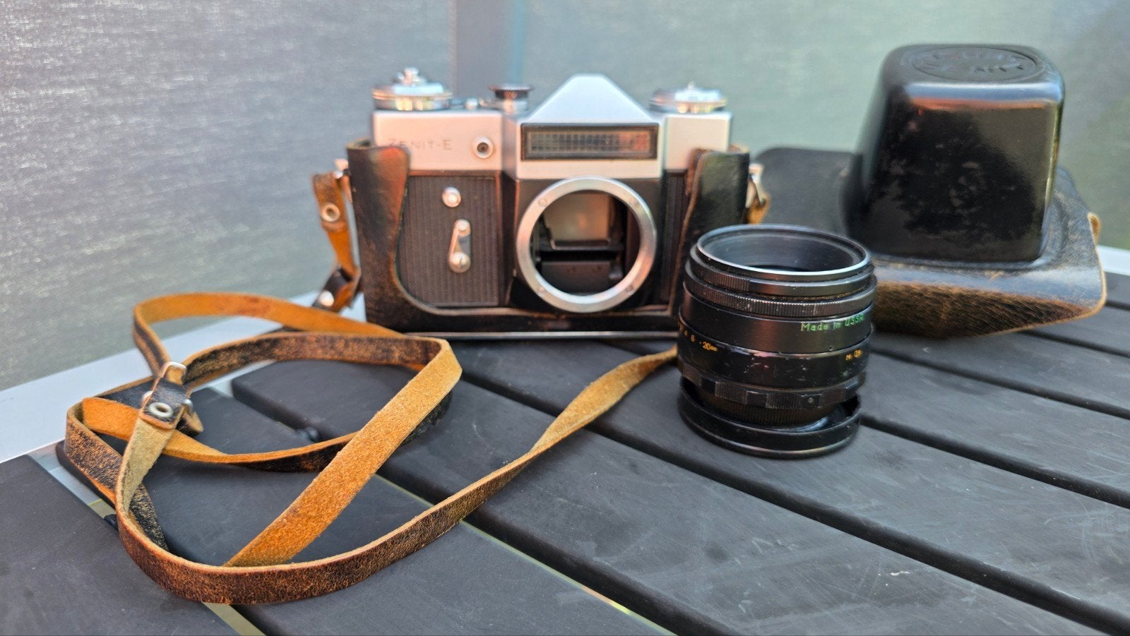 Opa’s fototas Zenit-E Helios M42 lenzen, Ophalen of Verzenden, Gebruikt, Spiegelreflex, Overige Merken