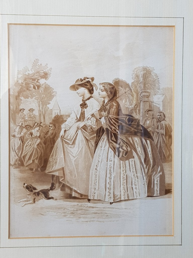 Mooie antieke ingelijste prent uit Engeland met twee vrouwen, Ophalen of Verzenden
