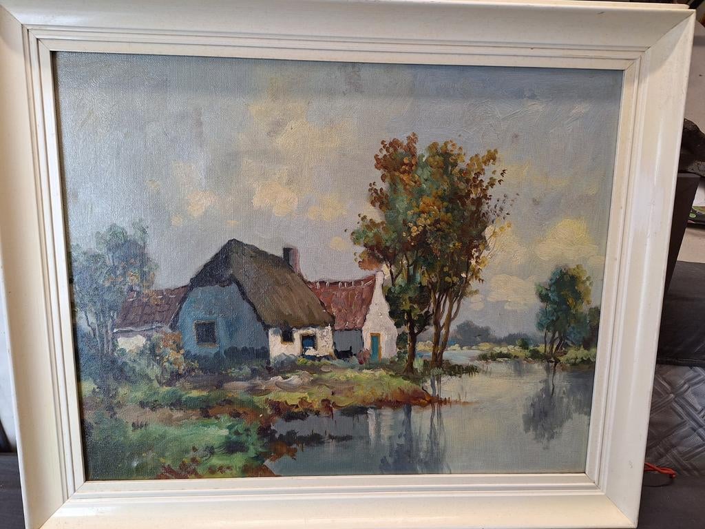 Schilderij met huisjes aan het water, Antiek en Kunst, Kunst | Schilderijen | Klassiek, Ophalen
