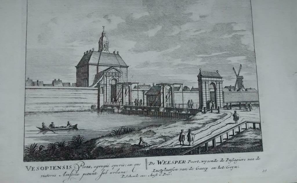 31 Amsterdam De Weesperpoort Kopergravure  18e Eeuw, Antiek en Kunst, Kunst | Etsen en Gravures, Ophalen of Verzenden