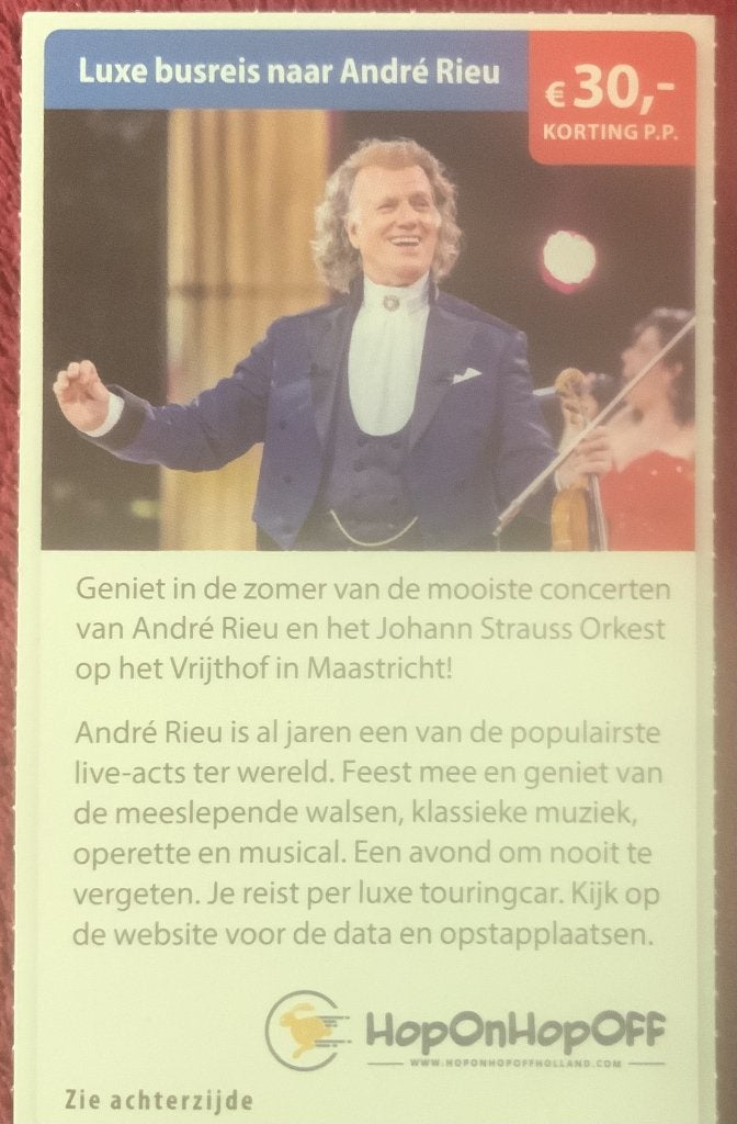 Luxe busreis naar André Rieu Voordeelbon, Tickets en Kaartjes, Kortingen en Cadeaubonnen, Drie personen of meer, Kortingsbon, Overige typen