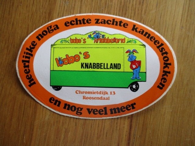 Bobo's Knabbelland sticker Roosendaal Heerlijke noga 8x12cm, Ophalen of Verzenden, Zo goed als nieuw, Bedrijf of Vereniging