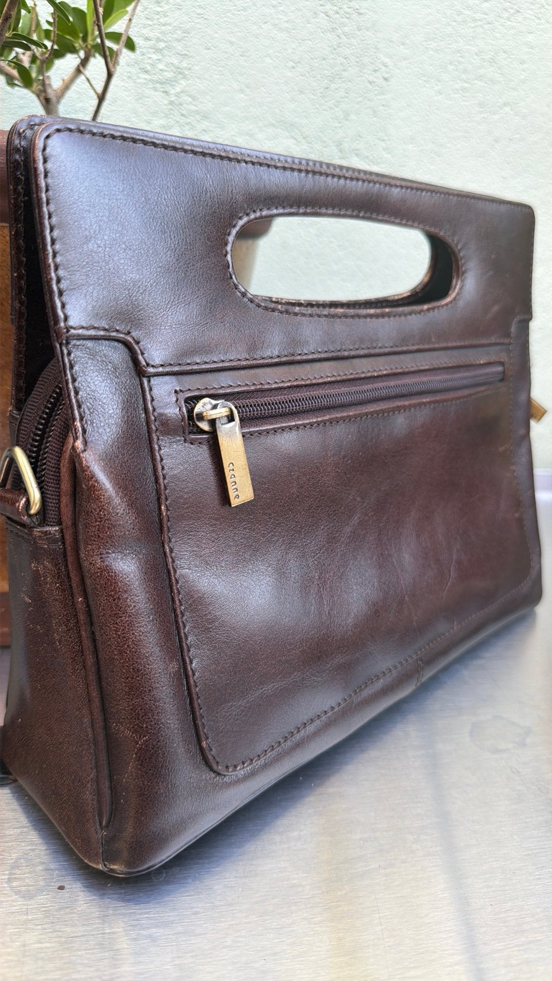 Vintage Cézanne Bruin Leren Handtas / Clutch met Handvat, Ophalen of Verzenden, Zo goed als nieuw, Bruin, Handtas