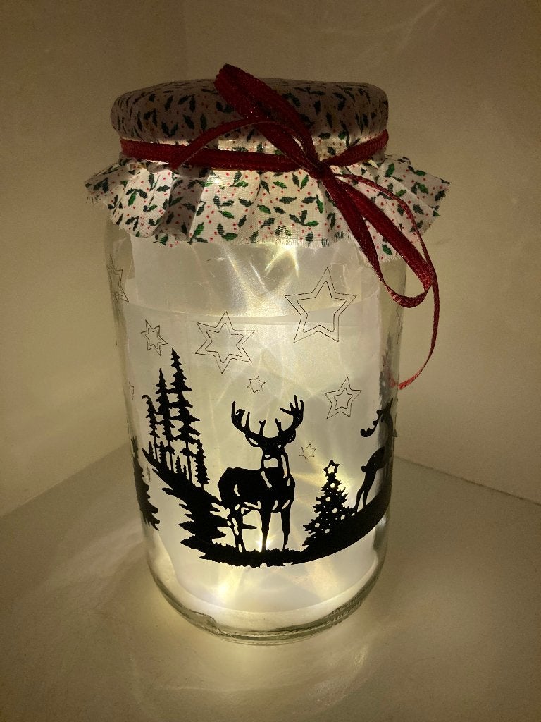 Glazen pot met kersttafreel en lampjes, Diversen, Kerst, Ophalen of Verzenden, Gebruikt