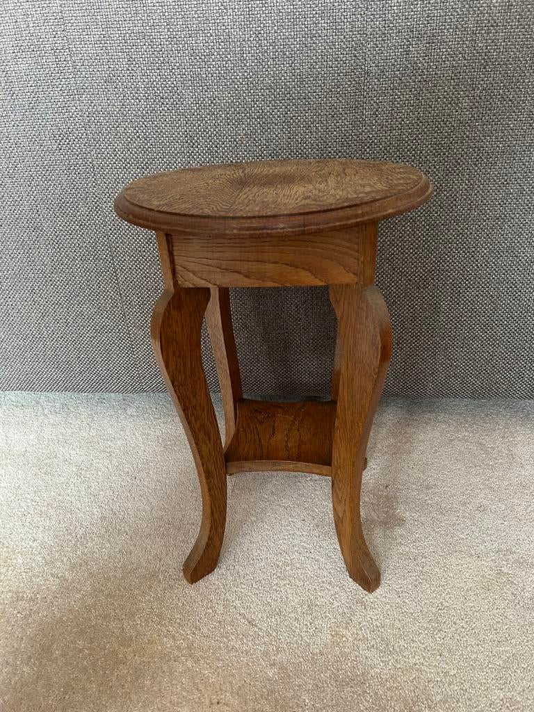 Vintage klein eiken ronde planten tafel, Minder dan 55 cm, Rond, Zo goed als nieuw, Ophalen