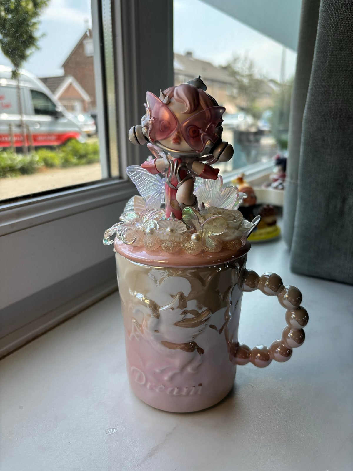 Mok met deksel en lepel - Roze/Goud met vlinders, Overige typen, Nieuw, Ophalen of Verzenden, Roze