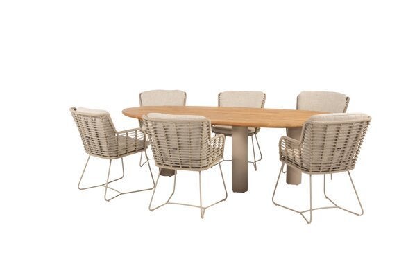 Fabrice dining stoelen latte + Estate eettafel 240 x 105 cm, Niet ingevuld, Overige materialen, 6 zitplaatsen, Nieuw