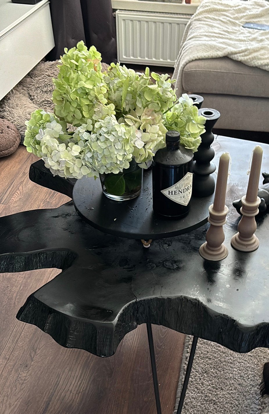 Eiken boomstam salon tafel met 2 bijzet tafeltjes, Ophalen, Zo goed als nieuw, Rond, 50 tot 100 cm