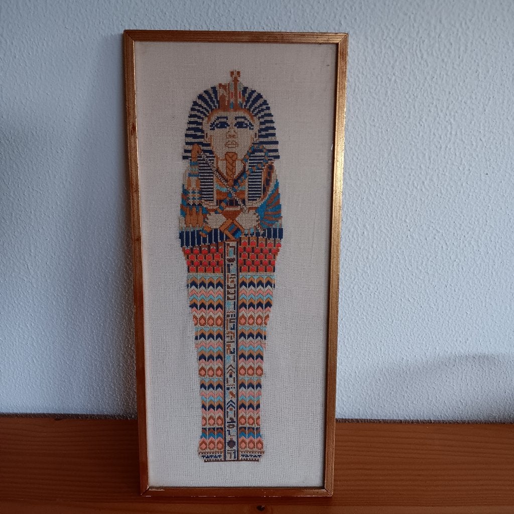 Toetanchamon mummie ingelijst borduurwerk, vintage, Antiek en Kunst, Ophalen of Verzenden