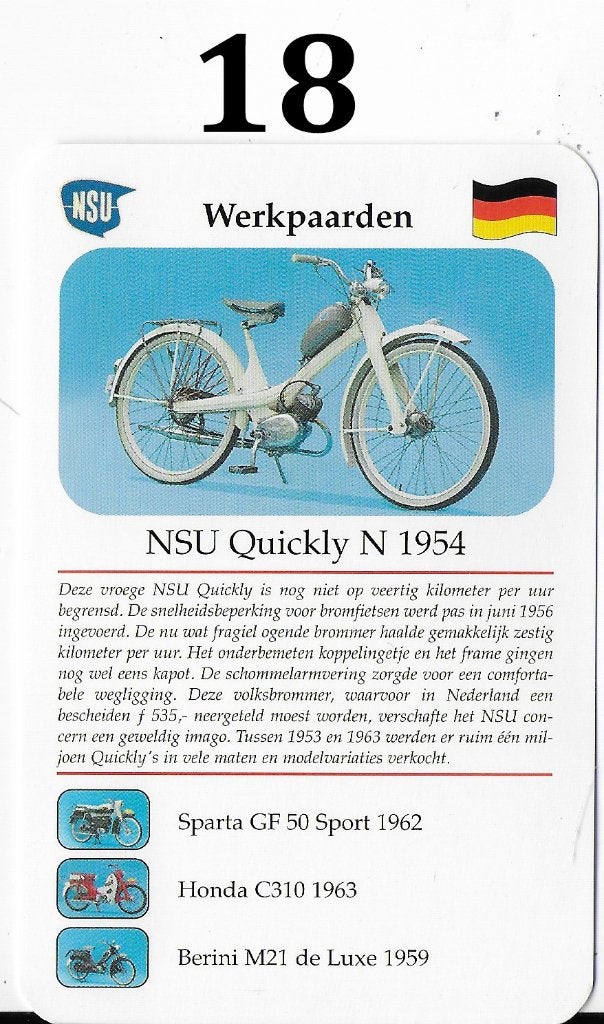 Verzamelkaartje 18 Bromfiets NSU Quickly N ( 1954 ), Ophalen of Verzenden, Zo goed als nieuw, Motoren