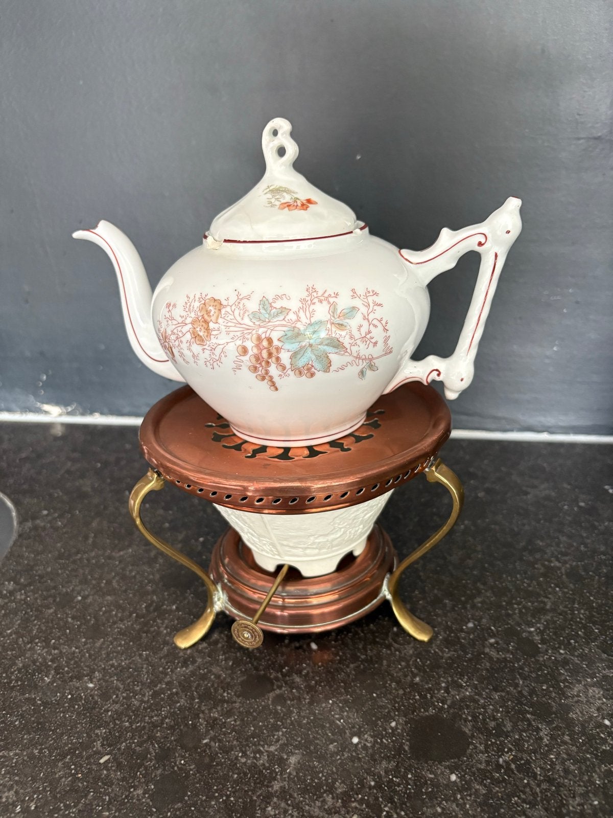 Antieke porseleinen theepot op rechaud (komfoor) Decoratief, Ophalen