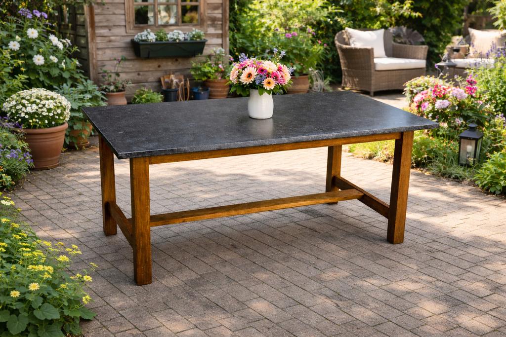 Houten tafel met granieten blad 160 x 90 - Zo goed als nieuw, Huis en Inrichting, Tafels | Eettafels, Ophalen, Gebruikt, ., 50 tot 100 cm
