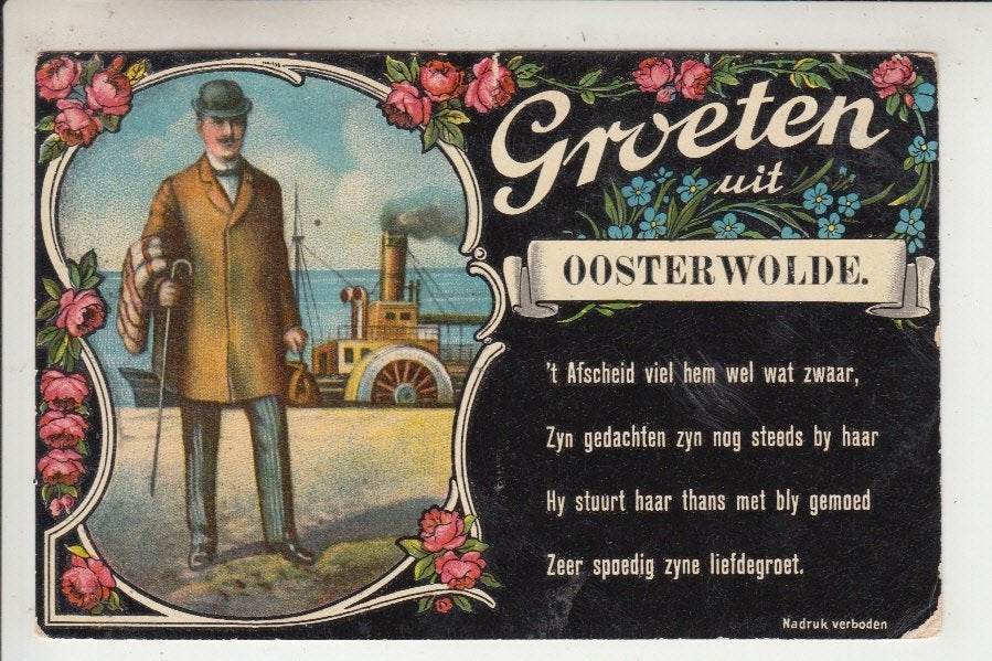 Oosterwolde, Groeten uit - Rijm, Verzamelen, Ansichtkaarten | Nederland, Ophalen of Verzenden, Voor 1920, Gelopen, Friesland