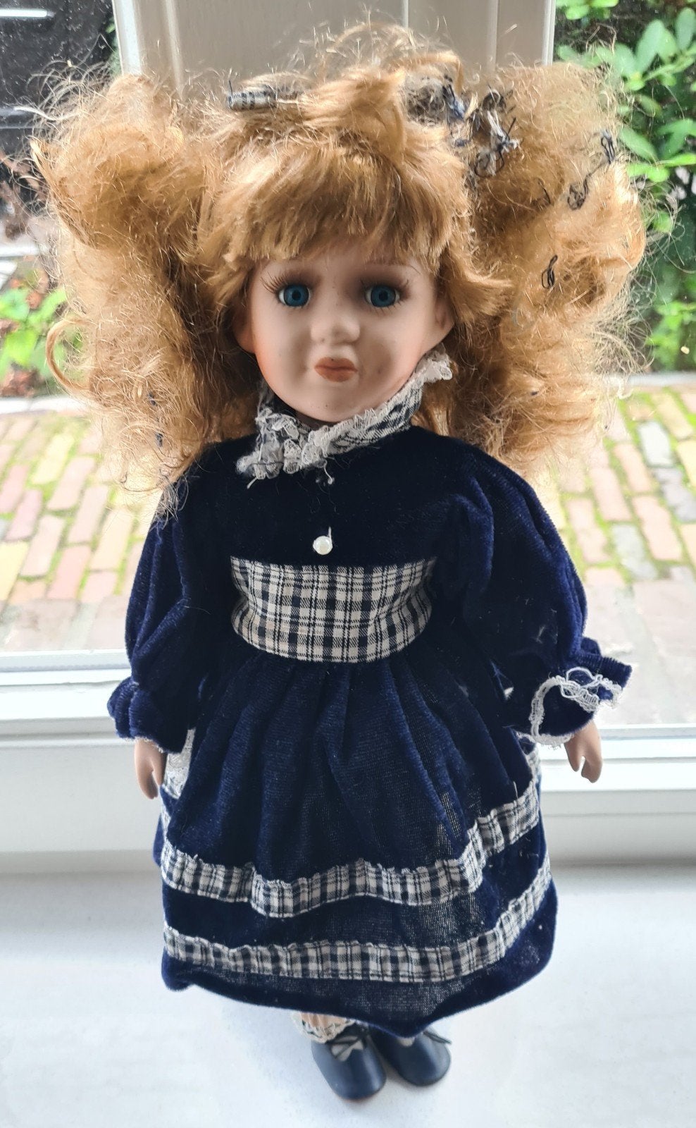 Vintage Porseleinen Pop in Blauwe Jurk - 35 cm, Ophalen of Verzenden, Gebruikt, Pop
