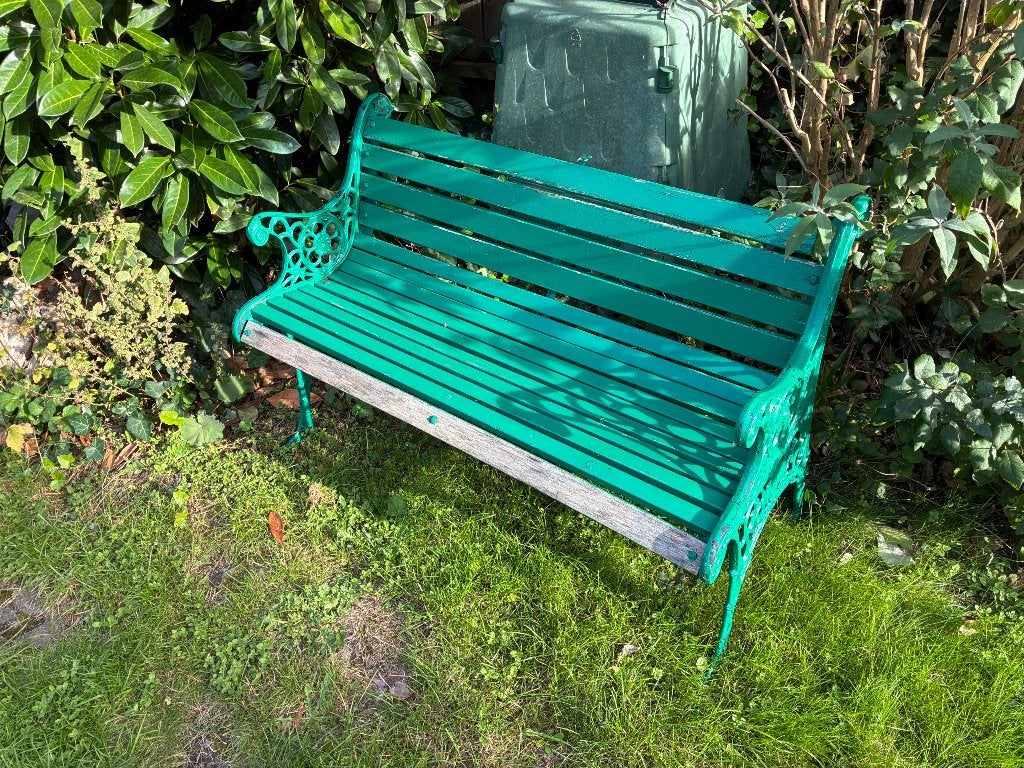 Vintage gietijzeren tuinbank - Groen, Tuin en Terras, Ophalen, Gebruikt, Metaal