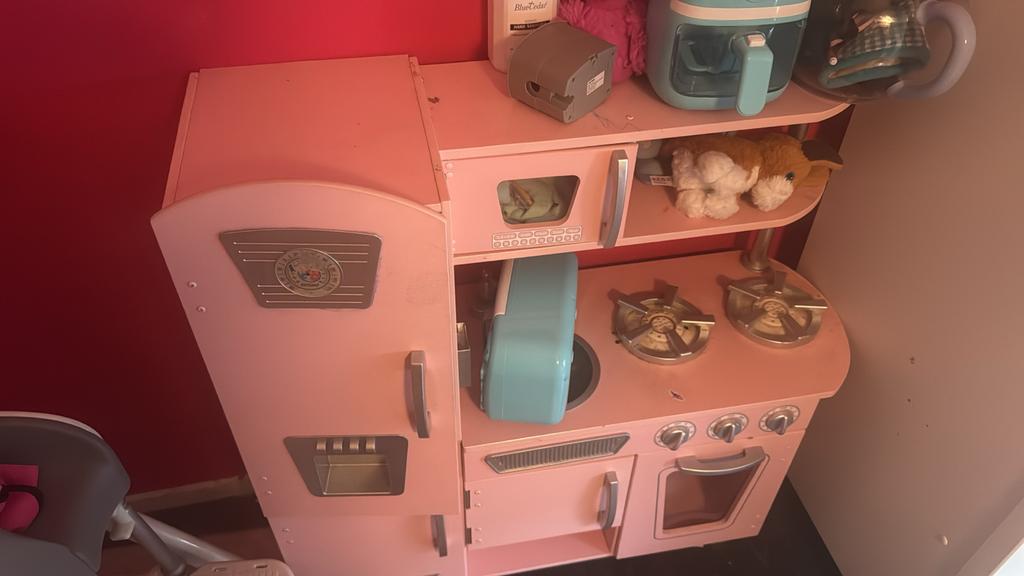 Roze houten speelkeuken met koelkast en oven, Ophalen, Gebruikt, Hout, Speelkeuken