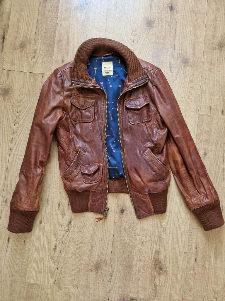 Leather Bomber Jacket – Cognac Brown – Almost Unused, Kleding | Dames, Jassen | Zomer, Zo goed als nieuw, Maat 36 (S), Bruin, Ophalen