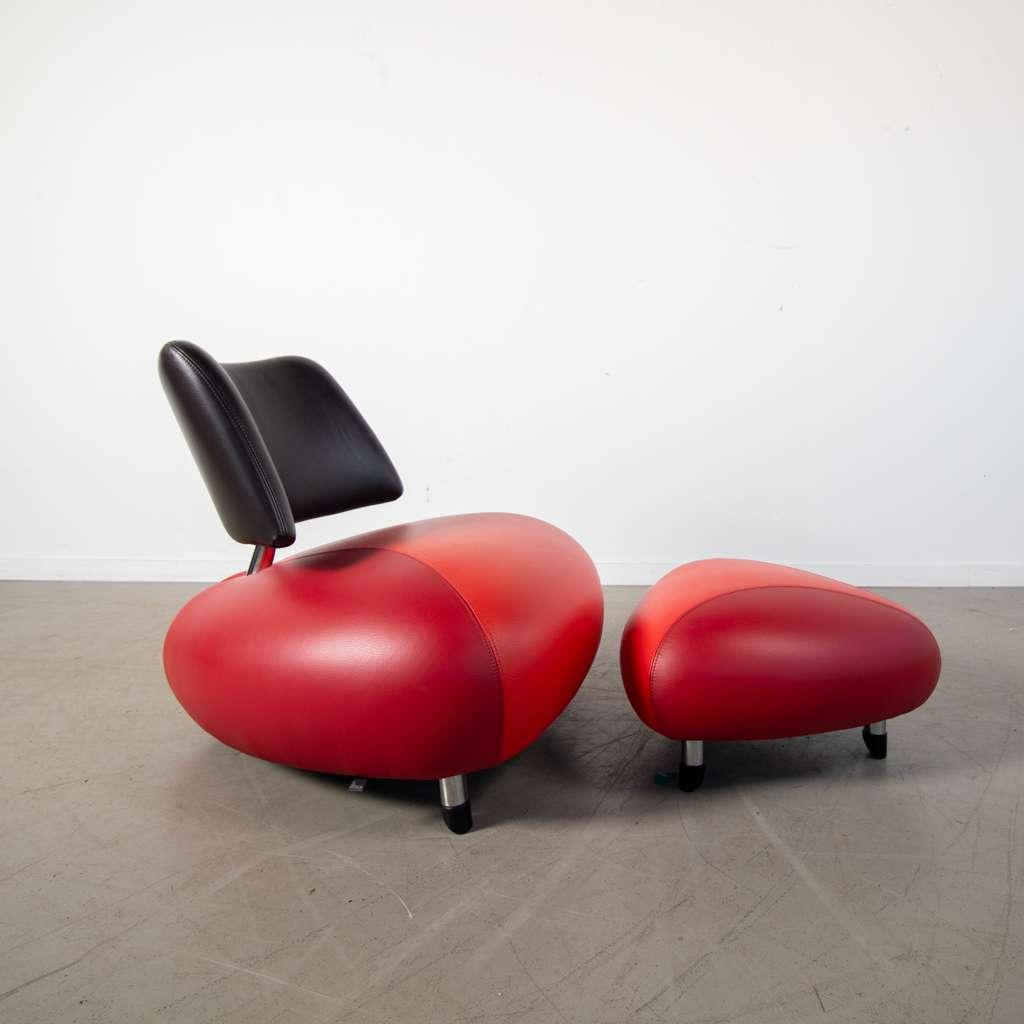 1x Leolux Pallone Fauteuil + Hocker Rood/oranje/zwart, Niet ingevuld, Niet ingevuld, Ophalen of Verzenden, Zo goed als nieuw