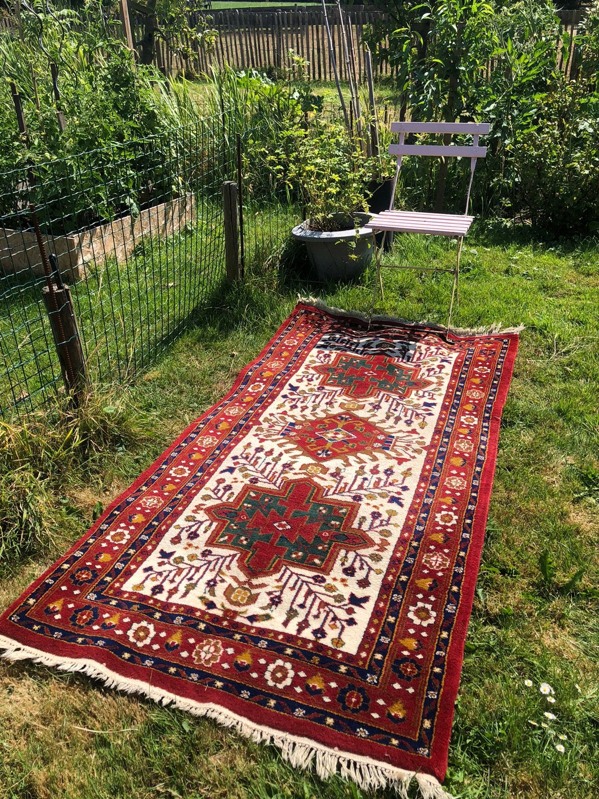 Vintage handgeknoopt perzisch tapijt terra donkergroen, wol, Geel, Zo goed als nieuw, 150 tot 200 cm, Rechthoekig