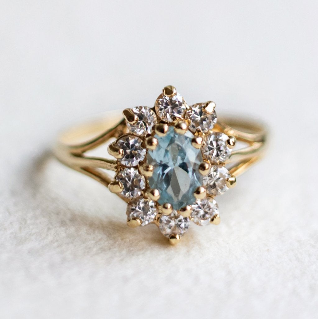 Vintage 9K gouden cluster ring met Topaas & CZ - 16,25, Ophalen of Verzenden, Met edelsteen, Dame, Goud