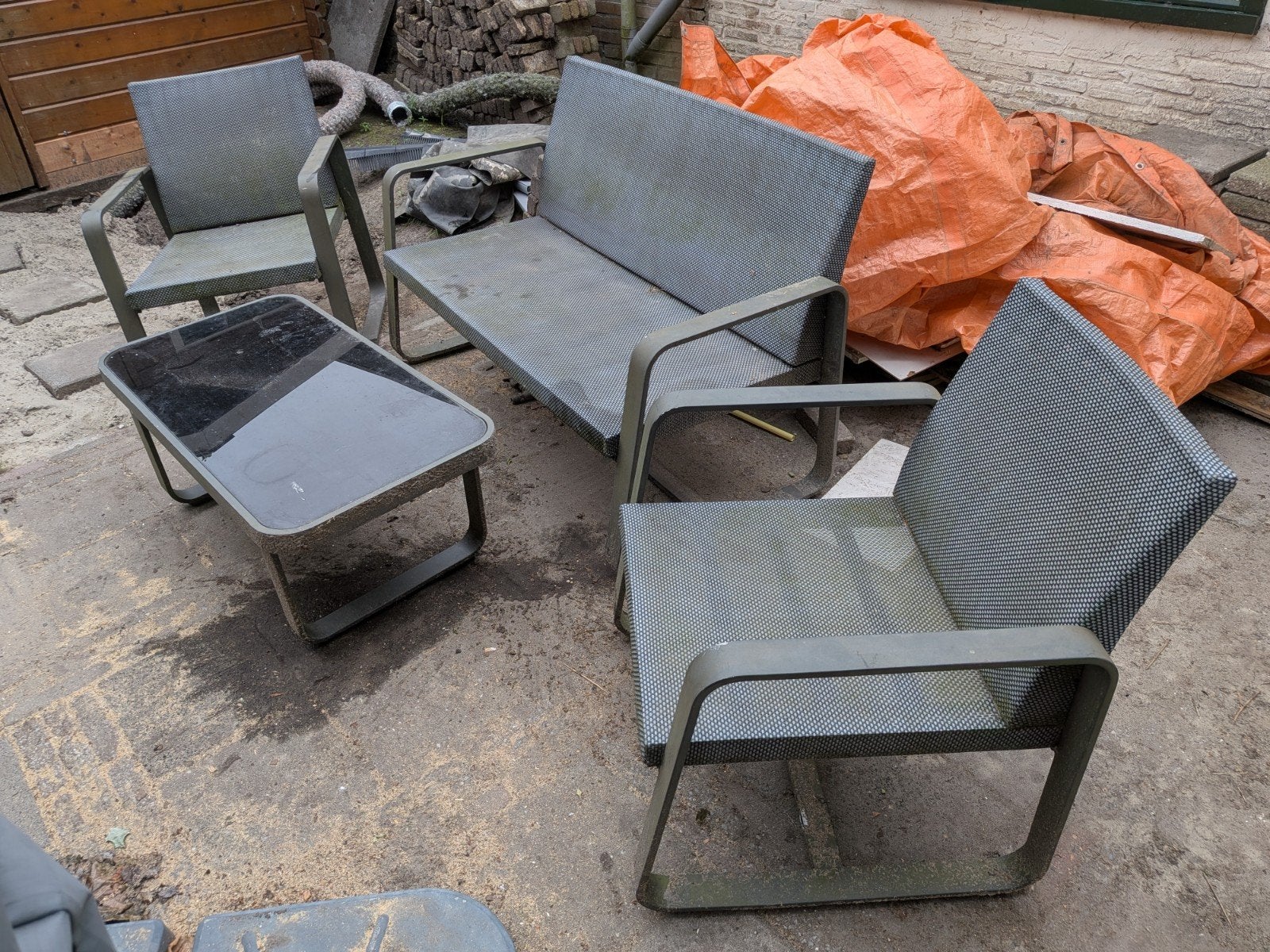 Tuinset met bank, stoelen en tafeltje, Ophalen, 4 zitplaatsen, Gebruikt, Aluminium