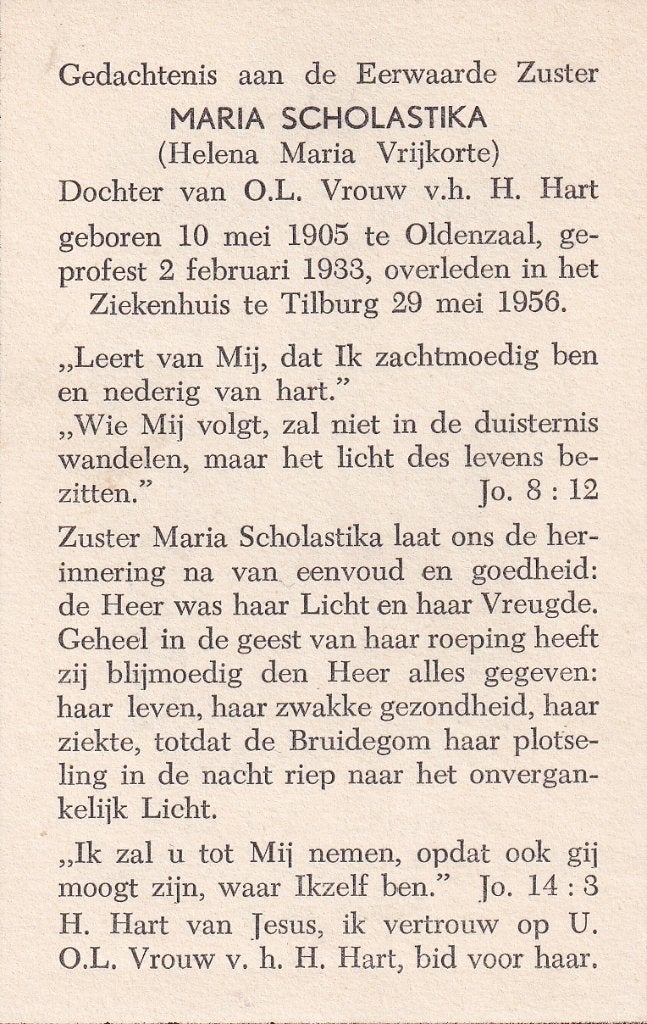Vrijkorte Helena 1905 Oldenzaal 1956 Zuster, Verzamelen, Bidprentjes en Rouwkaarten, Ophalen of Verzenden, Bidprentje