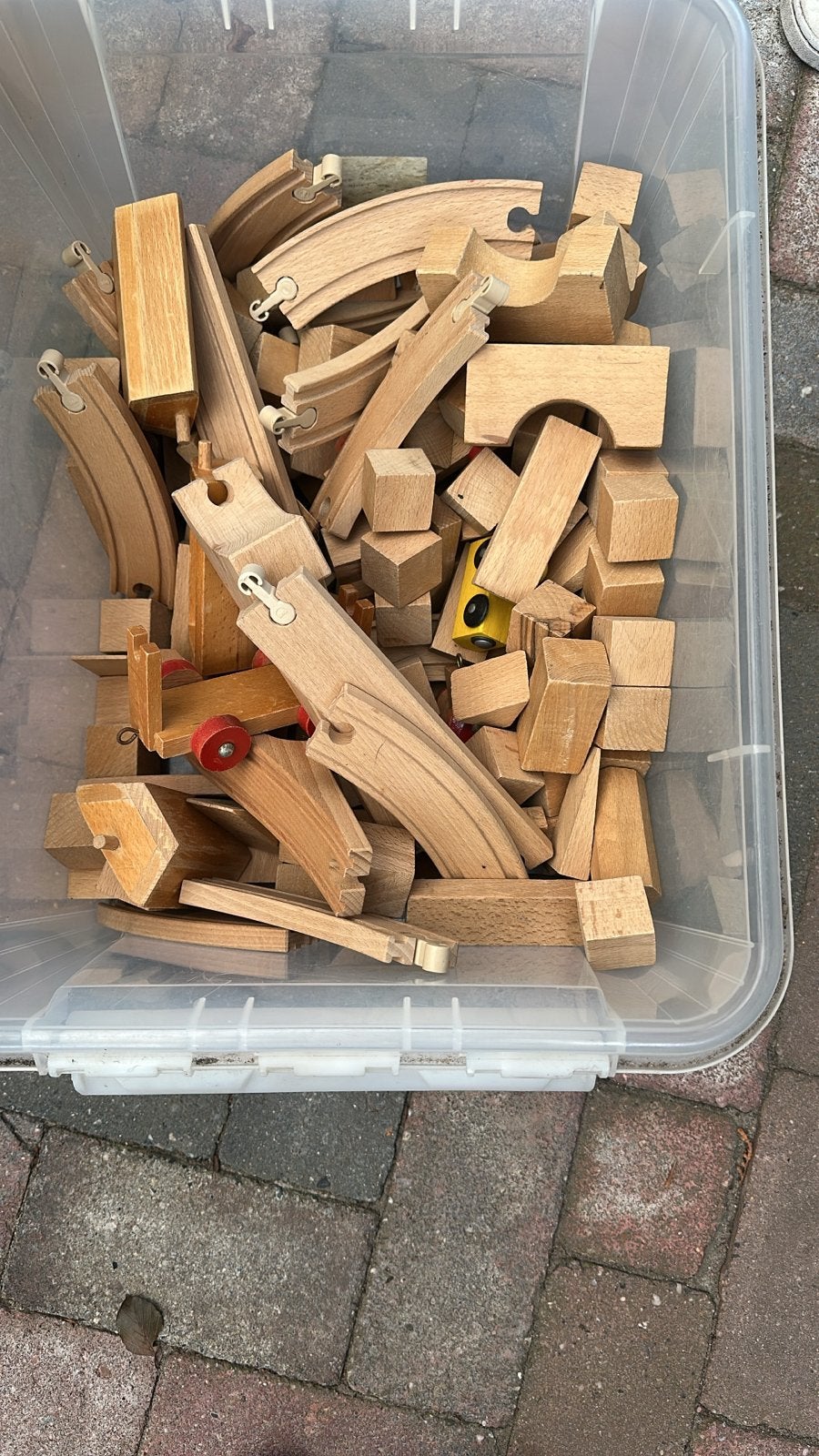 Grote doos met houten treinrails en blokken, Ophalen, Gebruikt, Overige merken