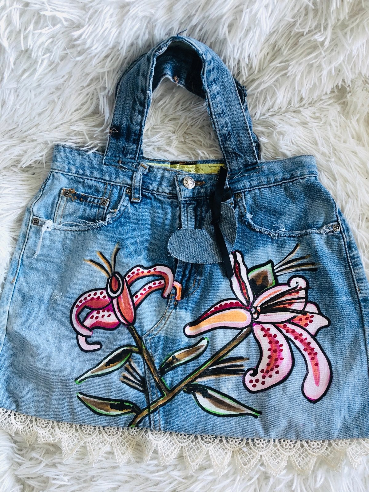 Unieke handgemaakte denim tas met bloemenprint nieuw, Ophalen of Verzenden, Nieuw, Blauw, Handtas