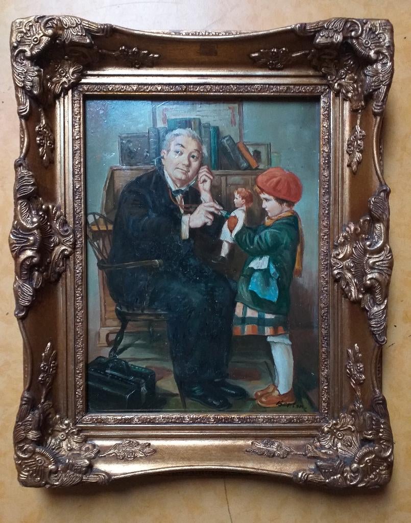 Antiek schilderij. Poppendokter, Ophalen of Verzenden