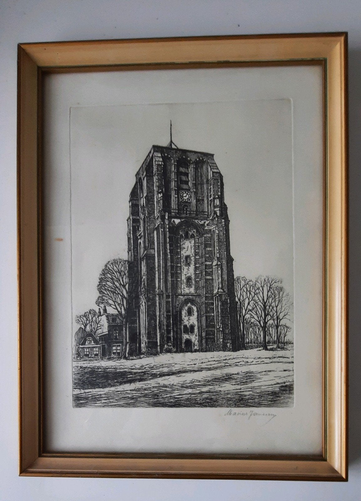 Oude ets van de Oldehove, ingelijst, Antiek en Kunst, Ingelijst, Ets, Architectuur, Ophalen of Verzenden