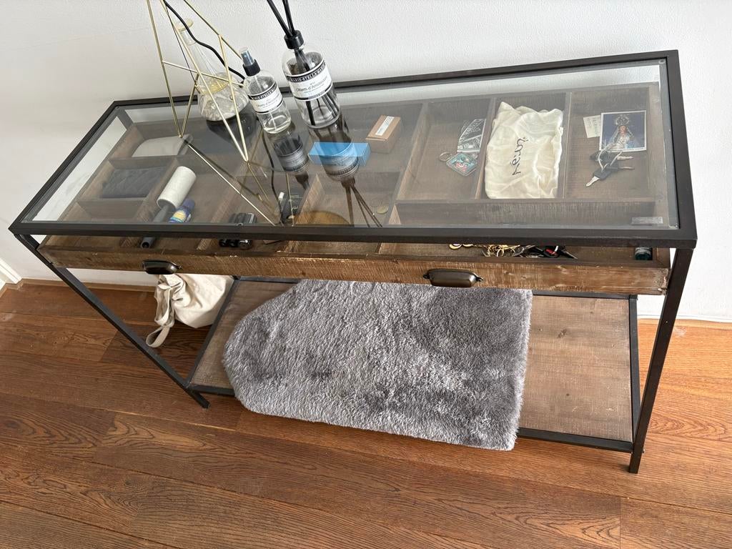 Glazen console tafel met lades - Industrieel design, Ophalen, Gebruikt, 100 tot 150 cm, Industrie