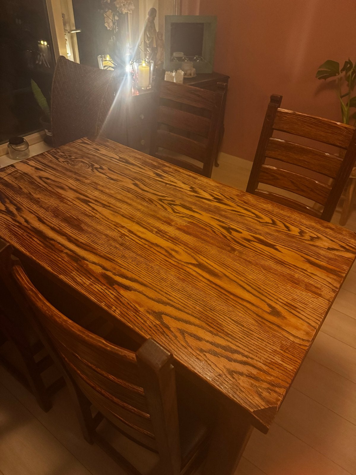 Eikenhouten eettafel met 4 stoelen, Gebruikt, 100 tot 150 cm, Eikenhout, Vier personen