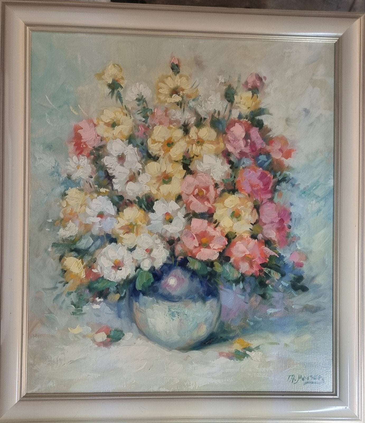 Schilderij TH Jansen - Bloemenstilleven 60x70 cm, Doek, Realistisch, Gesigneerd, Olieverf