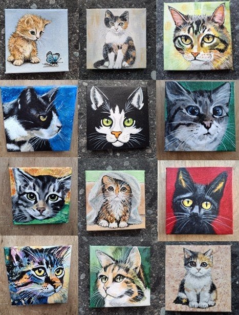 Kleine schilderijtjes Katten, 7x7 cm, Ophalen, Minder dan 50 cm, Nieuw, Schilderij