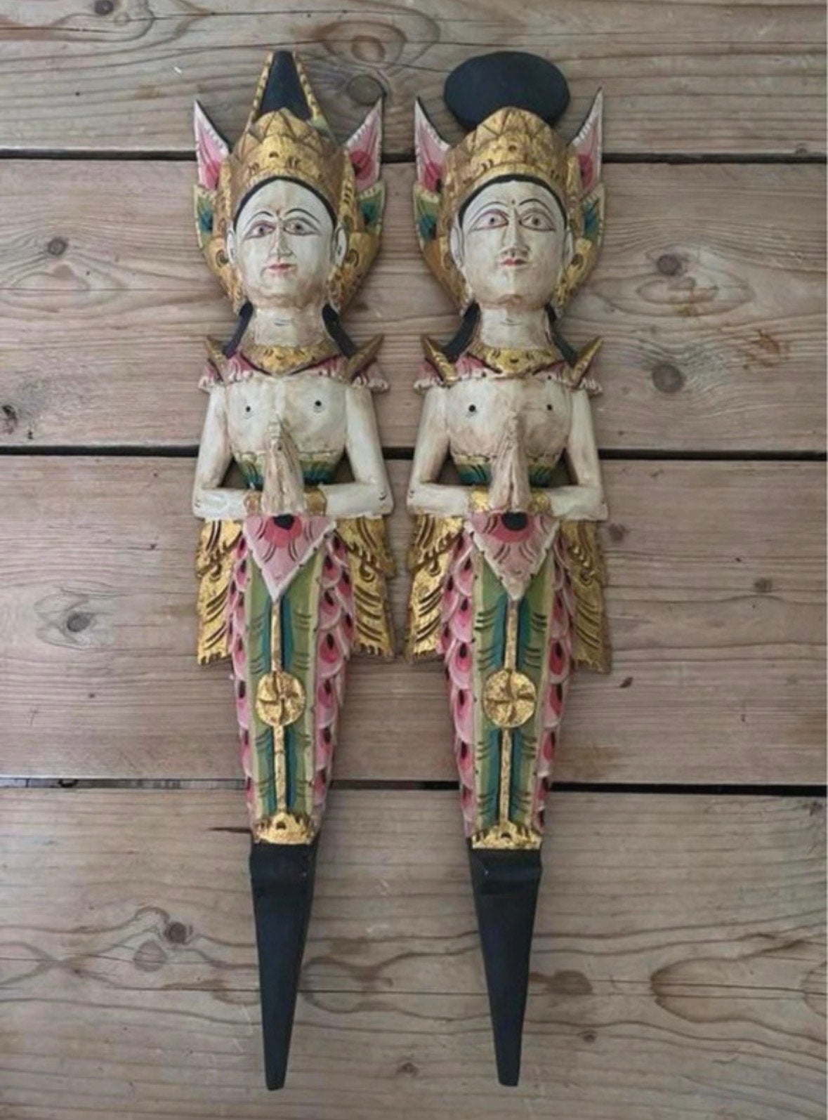 Set van 2 hand gesneden houten beelden Rama & Sita, Antiek en Kunst, Wanddecoratie, Hout, Vrouw, Overige stijlen
