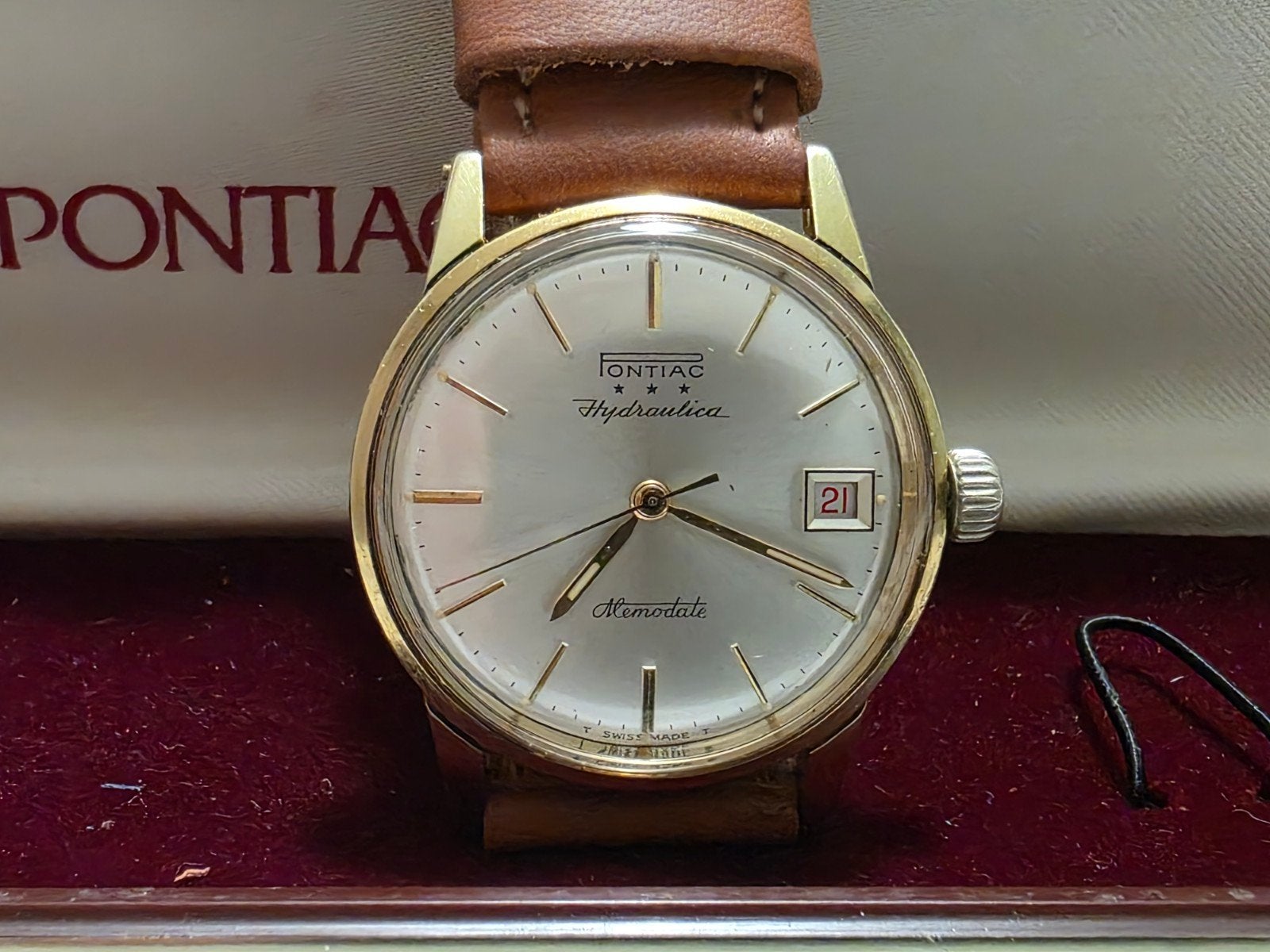 pontiac Hydraulica Memodate vintage herenhorloge, Ophalen of Verzenden, Staal, Overige merken, 1960 of later