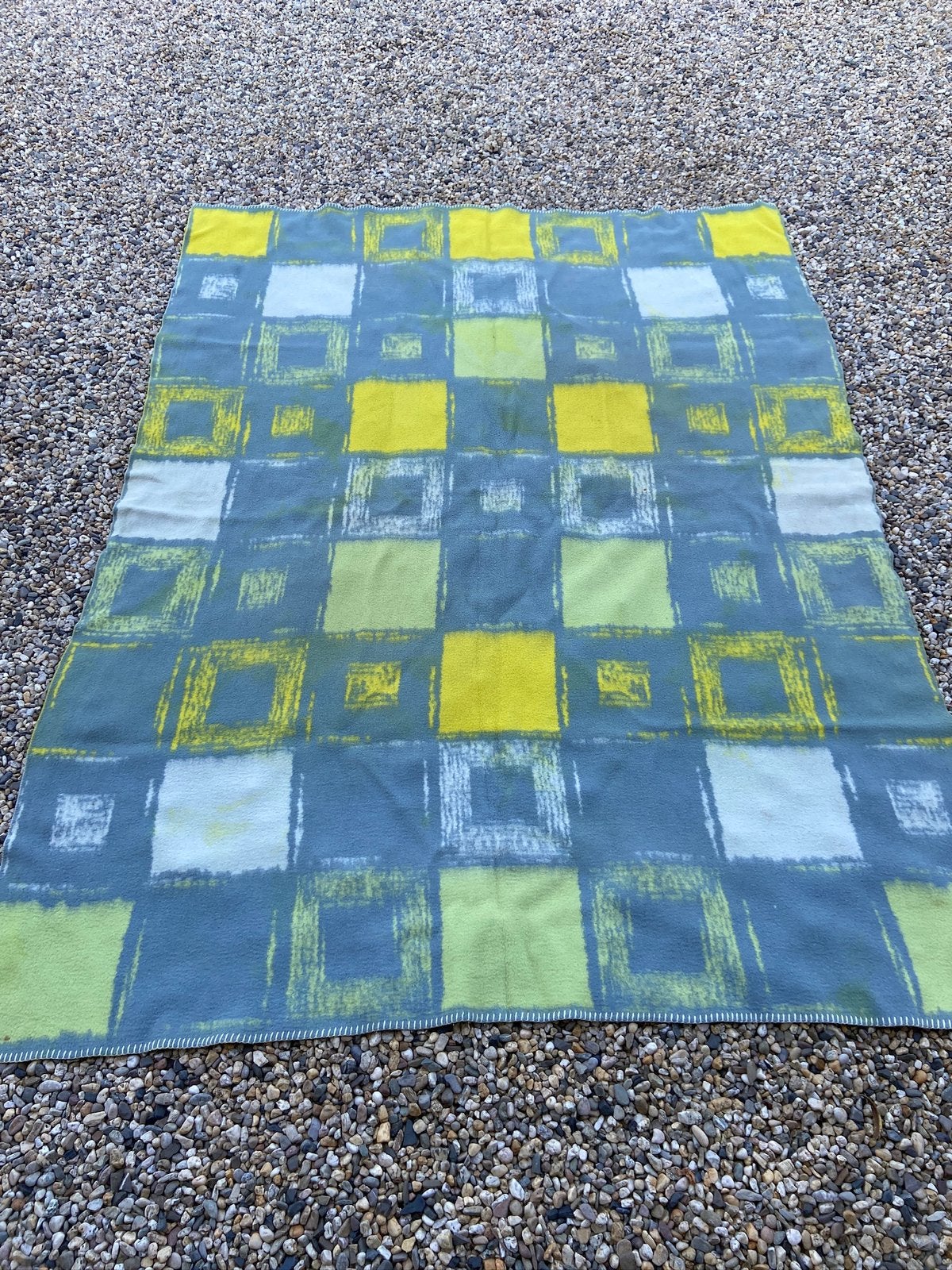 Oude retro vintage deken plaid 160x220 geel grijs groen, 220 cm, 160 cm, Ophalen of Verzenden, Meerkleurig